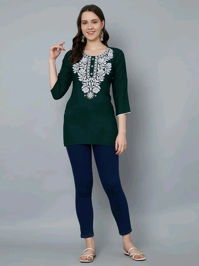 Kurti for Women Short Chikankari Kurtis for Girls Lakhnawi Top Kurta Design for Ladies Woman Straight Embroidery for Office (Short Flower Kurti) - Firefly, XL