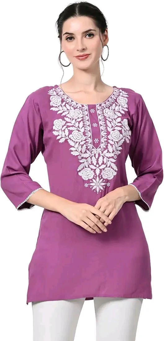 Kurti for Women Short Chikankari Kurtis for Girls Lakhnawi Top Kurta Design for Ladies Woman Straight Embroidery for Office (Short Flower Kurti) - Tapestry, XL