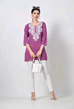 Kurti for Women Short Chikankari Kurtis for Girls Lakhnawi Top Kurta Design for Ladies Woman Straight Embroidery for Office (Short Flower Kurti) - Tapestry, XL