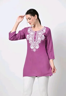 Kurti for Women Short Chikankari Kurtis for Girls Lakhnawi Top Kurta Design for Ladies Woman Straight Embroidery for Office (Short Flower Kurti) - Tapestry, XL