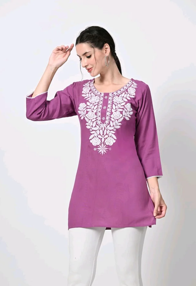 Kurti for Women Short Chikankari Kurtis for Girls Lakhnawi Top Kurta Design for Ladies Woman Straight Embroidery for Office (Short Flower Kurti) - Tapestry, XL