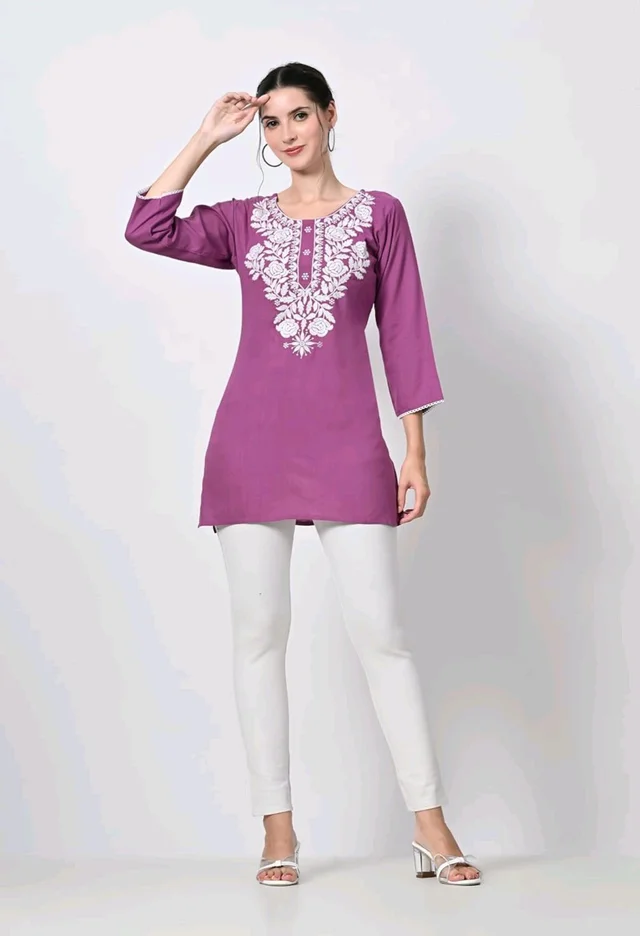 Kurti for Women Short Chikankari Kurtis for Girls Lakhnawi Top Kurta Design for Ladies Woman Straight Embroidery for Office (Short Flower Kurti) - Tapestry, XL