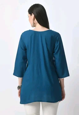 Kurti for Women Short Chikankari Kurtis for Girls Lakhnawi Top Kurta Design for Ladies Woman Straight Embroidery for Office (Short Flower Kurti) - Chathams Blue, XL