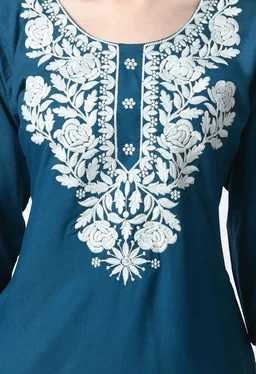 Kurti for Women Short Chikankari Kurtis for Girls Lakhnawi Top Kurta Design for Ladies Woman Straight Embroidery for Office (Short Flower Kurti) - Chathams Blue, XL