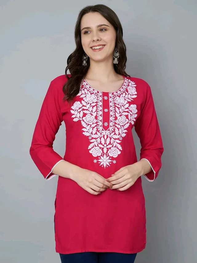 Kurti for Women Short Chikankari Kurtis for Girls Lakhnawi Top Kurta Design for Ladies Woman Straight Embroidery for Office (Short Flower Kurti) - Maroon Flush, 2XL