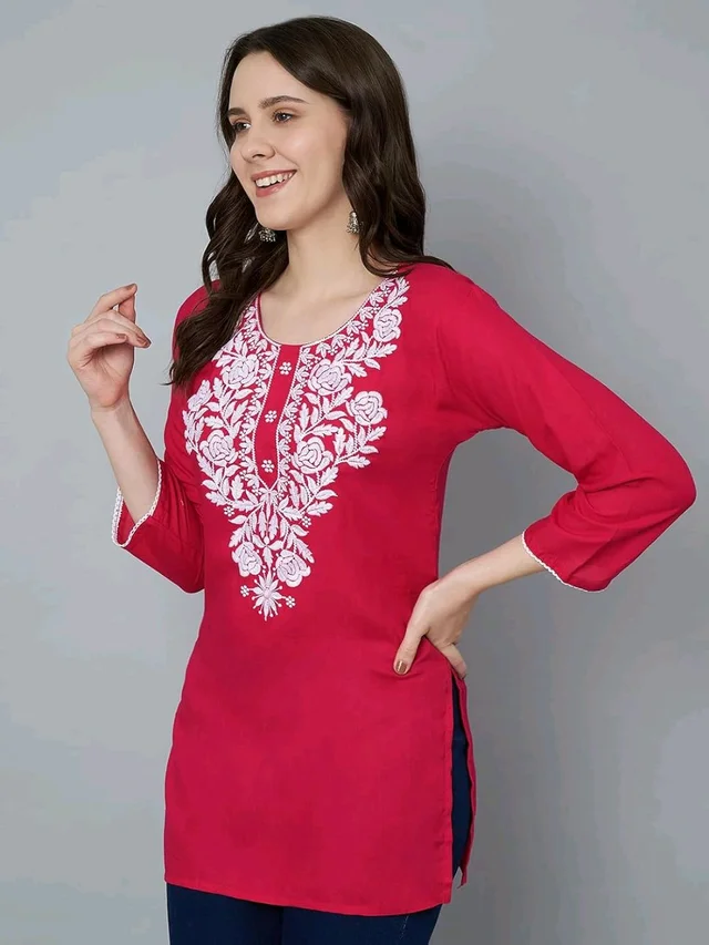 Kurti for Women Short Chikankari Kurtis for Girls Lakhnawi Top Kurta Design for Ladies Woman Straight Embroidery for Office (Short Flower Kurti) - Maroon Flush, 2XL