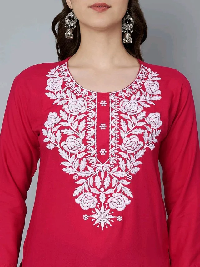 Kurti for Women Short Chikankari Kurtis for Girls Lakhnawi Top Kurta Design for Ladies Woman Straight Embroidery for Office (Short Flower Kurti) - Maroon Flush, 2XL