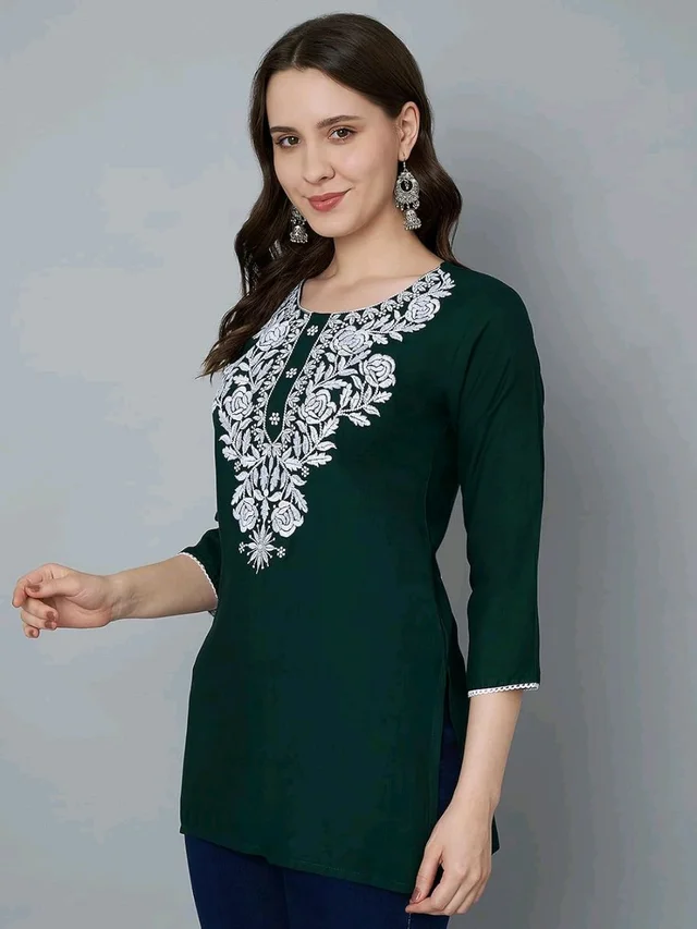 Kurti for Women Short Chikankari Kurtis for Girls Lakhnawi Top Kurta Design for Ladies Woman Straight Embroidery for Office (Short Flower Kurti) - Firefly, 2XL