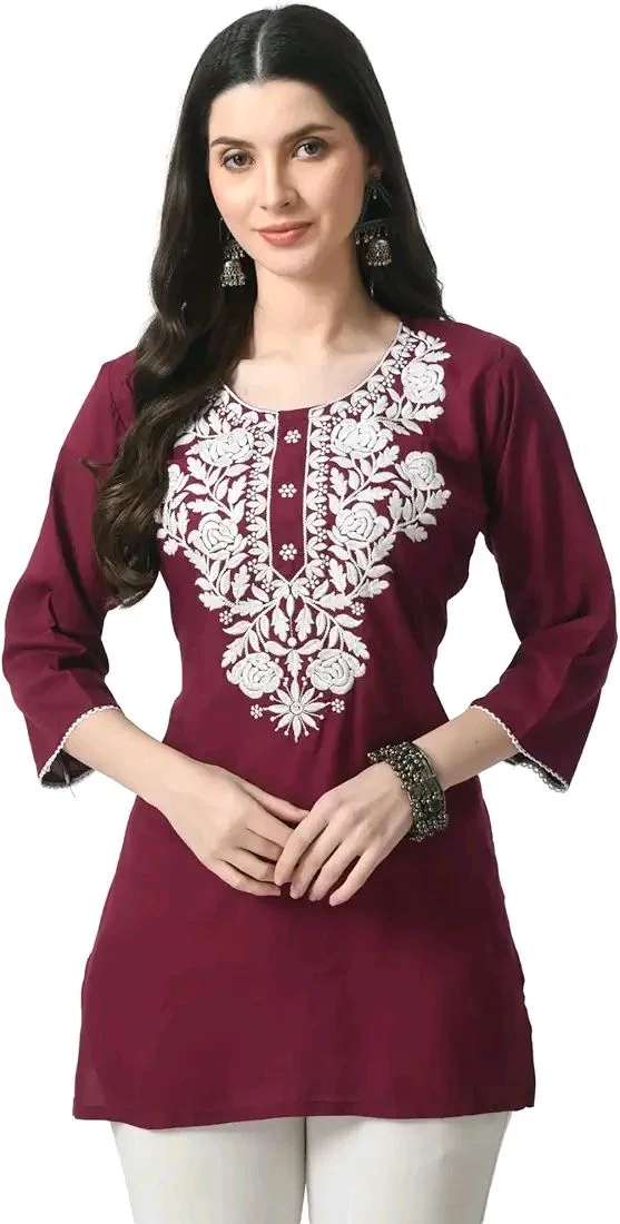 Kurti for Women Short Chikankari Kurtis for Girls Lakhnawi Top Kurta Design for Ladies Woman Straight Embroidery for Office (Short Flower Kurti) - Cardinal, 2XL