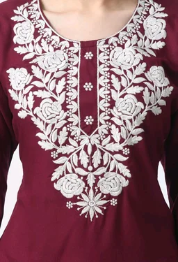 Kurti for Women Short Chikankari Kurtis for Girls Lakhnawi Top Kurta Design for Ladies Woman Straight Embroidery for Office (Short Flower Kurti) - Cardinal, 2XL