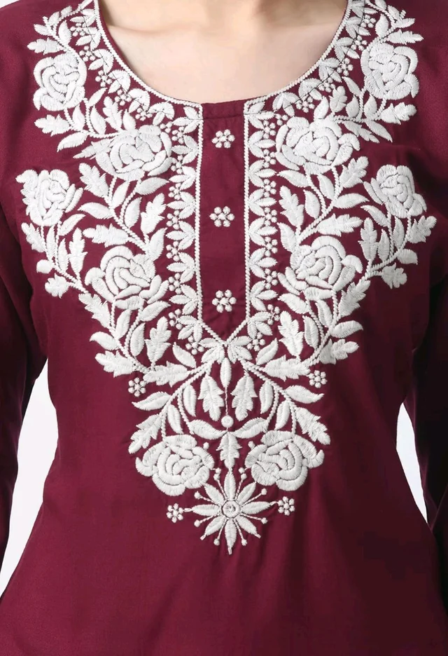 Kurti for Women Short Chikankari Kurtis for Girls Lakhnawi Top Kurta Design for Ladies Woman Straight Embroidery for Office (Short Flower Kurti) - Cardinal, 2XL