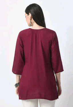 Kurti for Women Short Chikankari Kurtis for Girls Lakhnawi Top Kurta Design for Ladies Woman Straight Embroidery for Office (Short Flower Kurti) - Cardinal, 2XL