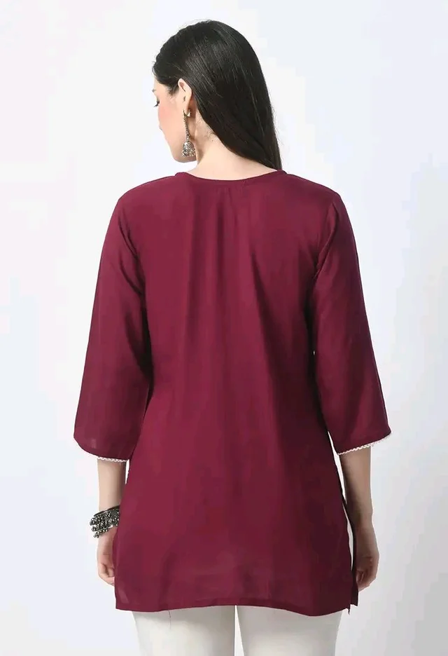 Kurti for Women Short Chikankari Kurtis for Girls Lakhnawi Top Kurta Design for Ladies Woman Straight Embroidery for Office (Short Flower Kurti) - Cardinal, 2XL