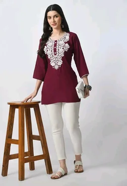 Kurti for Women Short Chikankari Kurtis for Girls Lakhnawi Top Kurta Design for Ladies Woman Straight Embroidery for Office (Short Flower Kurti) - Cardinal, 2XL