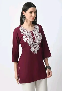 Kurti for Women Short Chikankari Kurtis for Girls Lakhnawi Top Kurta Design for Ladies Woman Straight Embroidery for Office (Short Flower Kurti) - Cardinal, 2XL