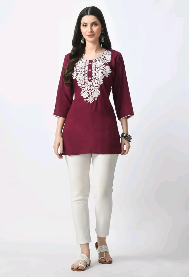 Kurti for Women Short Chikankari Kurtis for Girls Lakhnawi Top Kurta Design for Ladies Woman Straight Embroidery for Office (Short Flower Kurti) - Cardinal, 2XL