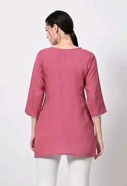 Kurti for Women Short Chikankari Kurtis for Girls Lakhnawi Top Kurta Design for Ladies Woman Straight Embroidery for Office (Short Flower Kurti) - Charm, 2XL