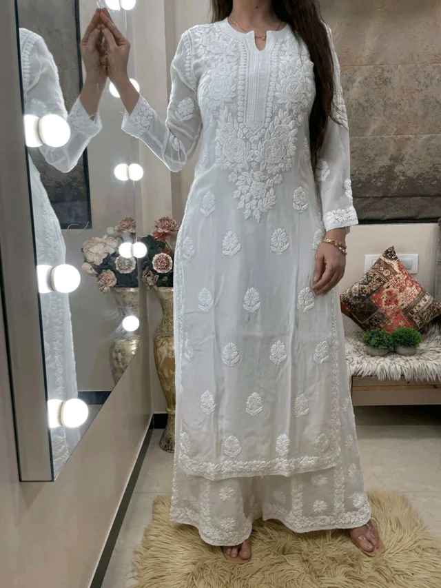 White Viscose Georgette Chikankari Kurta With Palazzo - White, S