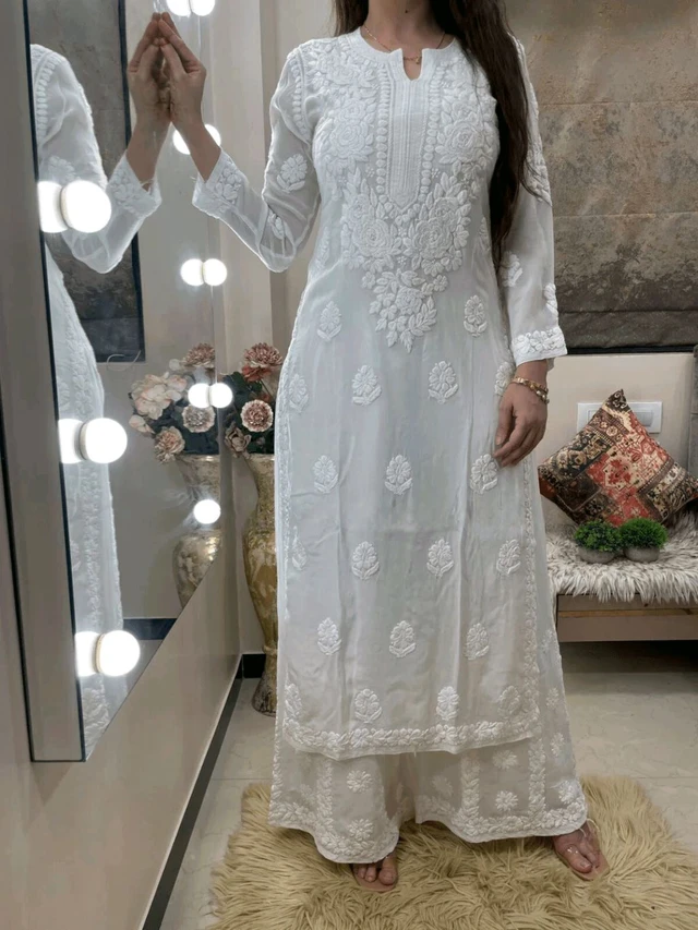 White Viscose Georgette Chikankari Kurta With Palazzo - White, XXL