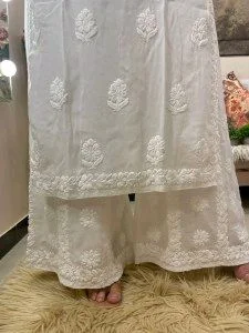 White Viscose Georgette Chikankari Kurta With Palazzo - White, XXL