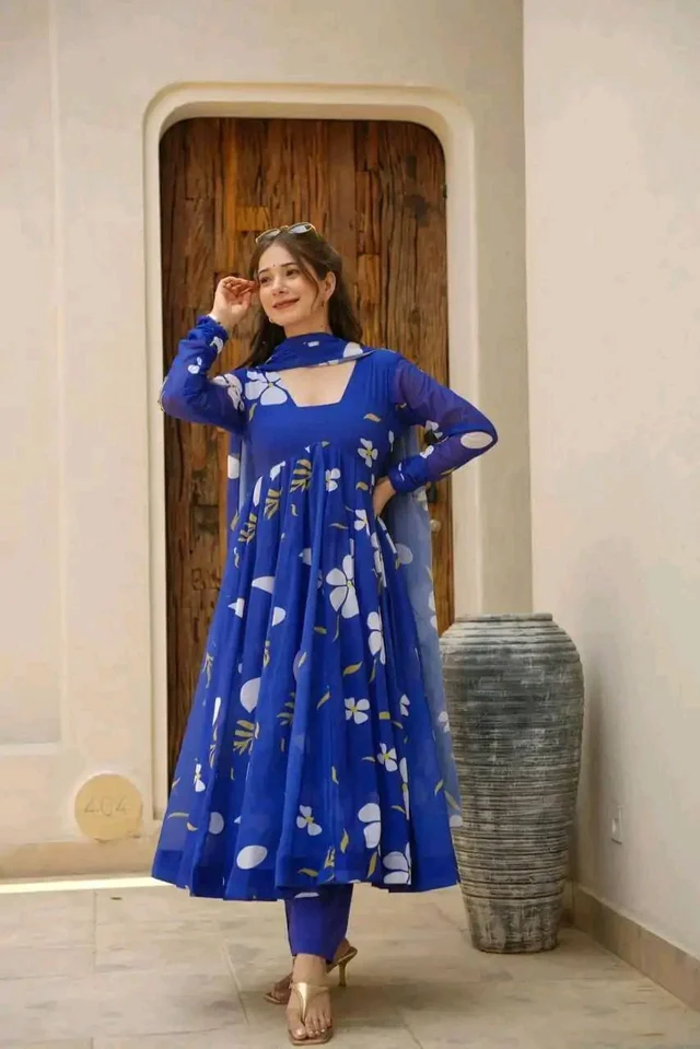 Blue Georgette Kurti Pant Set - Blue, XXL