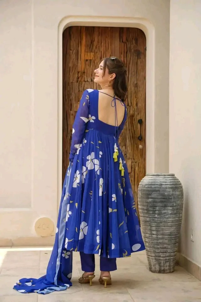 Blue Georgette Kurti Pant Set - Blue, XXL