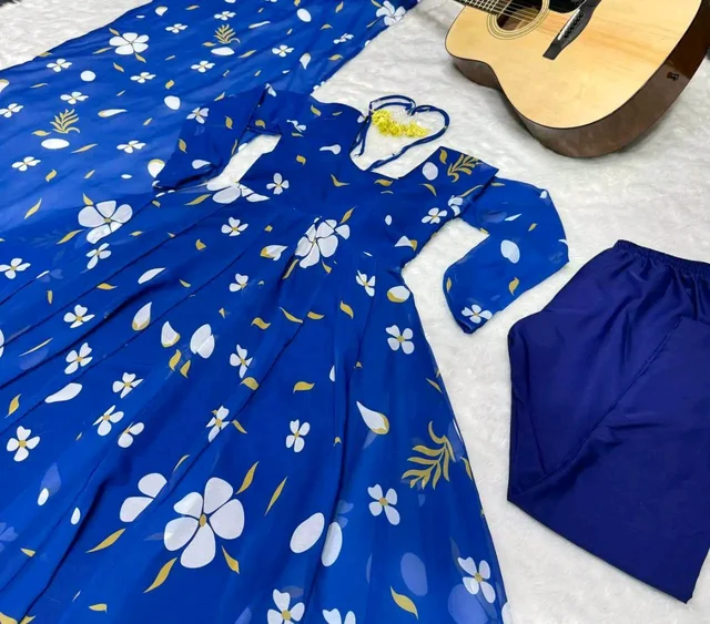 Blue Georgette Kurti Pant Set - Blue, XXL