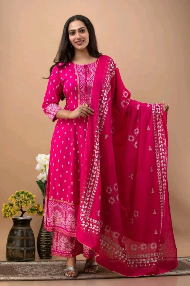 Women Viscose Rayon Kurta. Pant Dupatta Set - Razzmatazz, L