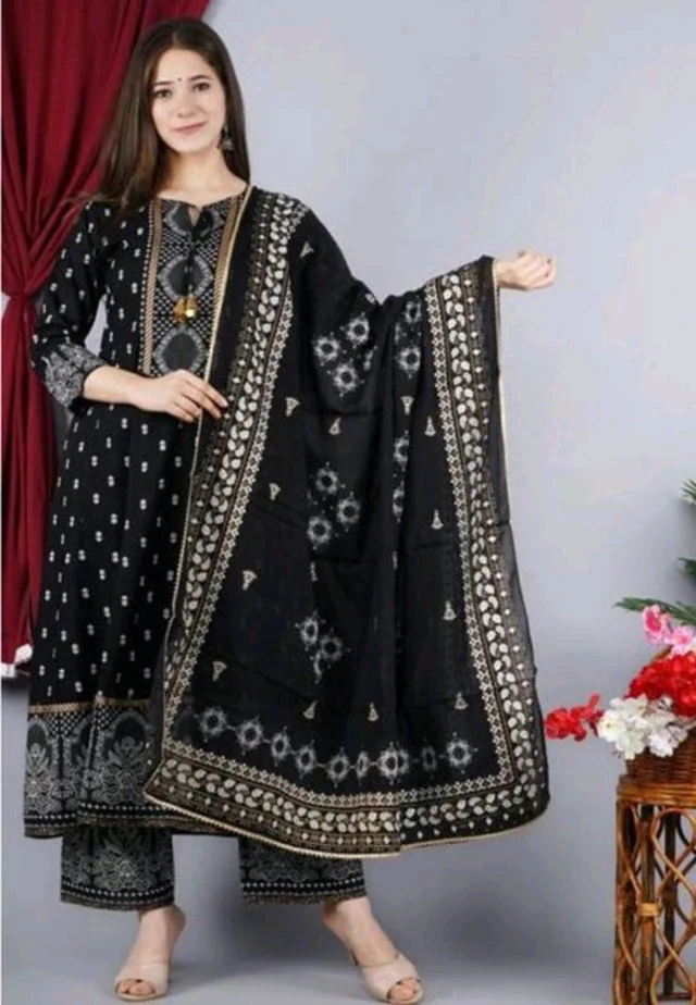 Women Viscose Rayon Kurta. Pant Dupatta Set - black, L