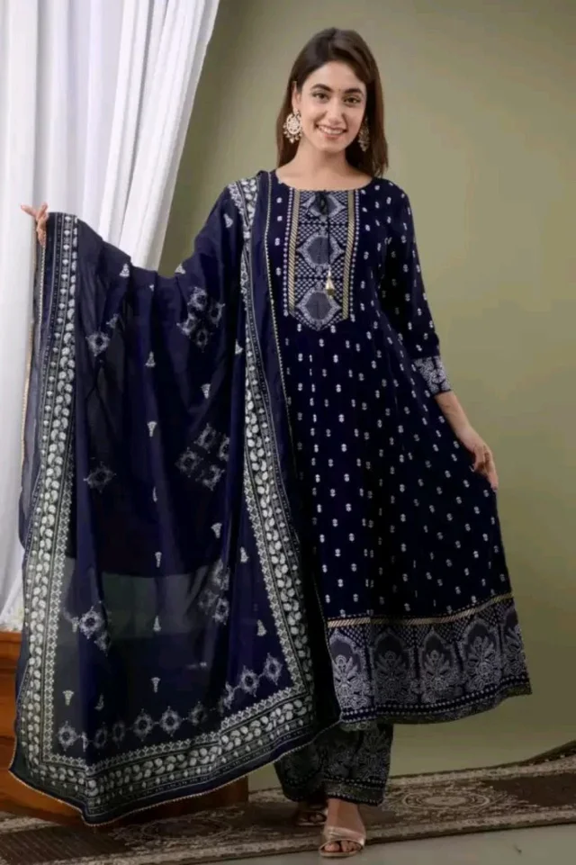 Women Viscose Rayon Kurta. Pant Dupatta Set - Black Rock, XL