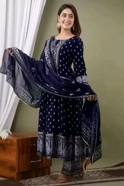 Women Viscose Rayon Kurta. Pant Dupatta Set - Black Rock, XL