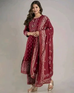 Women Viscose Rayon Kurta. Pant Dupatta Set - Claret, 2XL