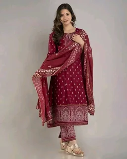 Women Viscose Rayon Kurta. Pant Dupatta Set - Claret, 2XL