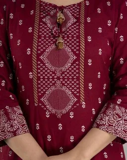 Women Viscose Rayon Kurta. Pant Dupatta Set - Claret, 2XL