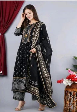 Women Viscose Rayon Kurta. Pant Dupatta Set - black, 3XL