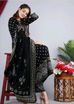 Women Viscose Rayon Kurta. Pant Dupatta Set - black, 3XL