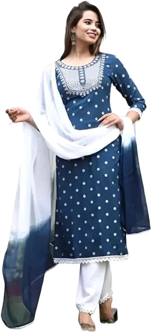 Rayon Embroidered Kurta Set With Dupatta - blue, L