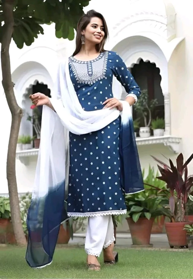 Rayon Embroidered Kurta Set With Dupatta - blue, L