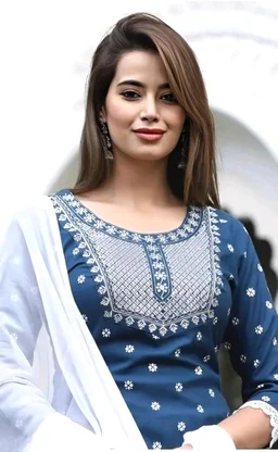 Rayon Embroidered Kurta Set With Dupatta - blue, L