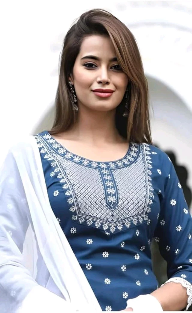 Rayon Embroidered Kurta Set With Dupatta - blue, L