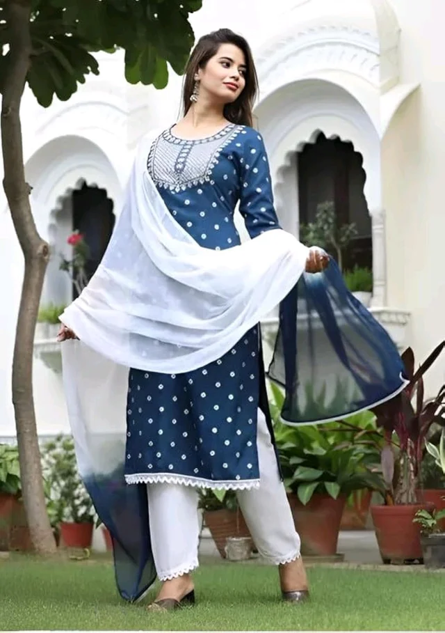 Rayon Embroidered Kurta Set With Dupatta - blue, L