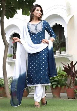 Rayon Embroidered Kurta Set With Dupatta - blue, M