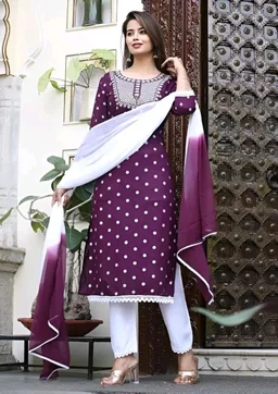 Rayon Embroidered Kurta Set With Dupatta - purple, 2XL