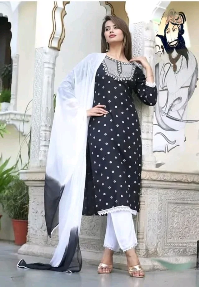 Rayon Embroidered Kurta Set With Dupatta - black, 2XL