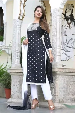 Rayon Embroidered Kurta Set With Dupatta - black, 2XL