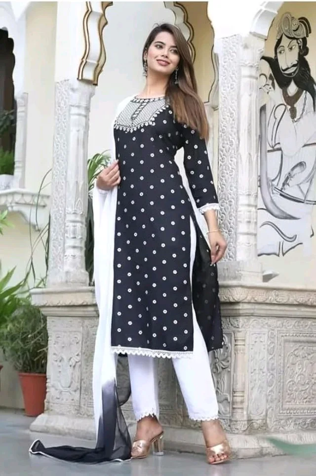 Rayon Embroidered Kurta Set With Dupatta - black, 2XL