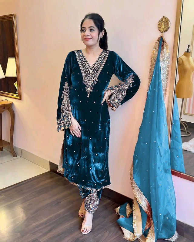 Women's Viscose Velvet With Embroidery Sequence Work Kurti With Palazzo and Dupatta Set - Midnight, XXL