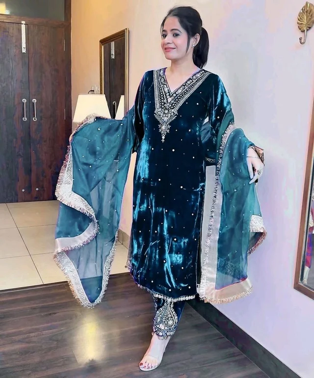 Women's Viscose Velvet With Embroidery Sequence Work Kurti With Palazzo and Dupatta Set - Midnight, XXL