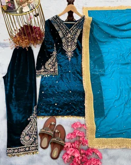 Women's Viscose Velvet With Embroidery Sequence Work Kurti With Palazzo and Dupatta Set - Midnight, XXL