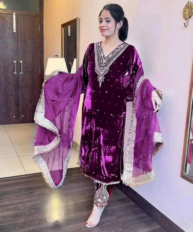 Women's Viscose Velvet With Embroidery Sequence Work Kurti With Palazzo and Dupatta Set - Voodoo, XL